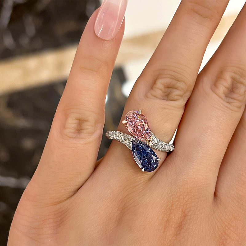 Unique Pear Cut Aquamarine Blue &amp; Pink Sapphire Engagement Ring In Sterling Silver-Maxinejewelry