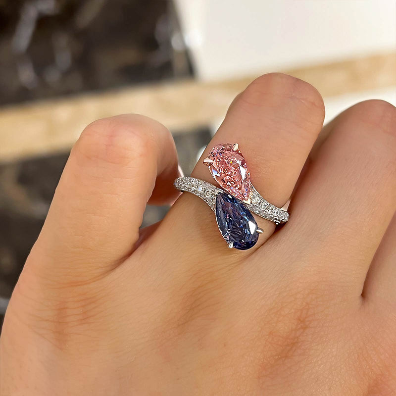 Unique Pear Cut Aquamarine Blue &amp; Pink Sapphire Engagement Ring In Sterling Silver-Maxinejewelry