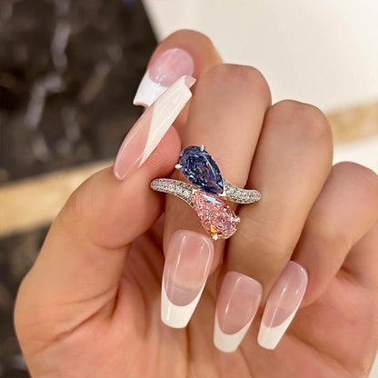 Unique Pear Cut Aquamarine Blue &amp; Pink Sapphire Engagement Ring In Sterling Silver-Maxinejewelry