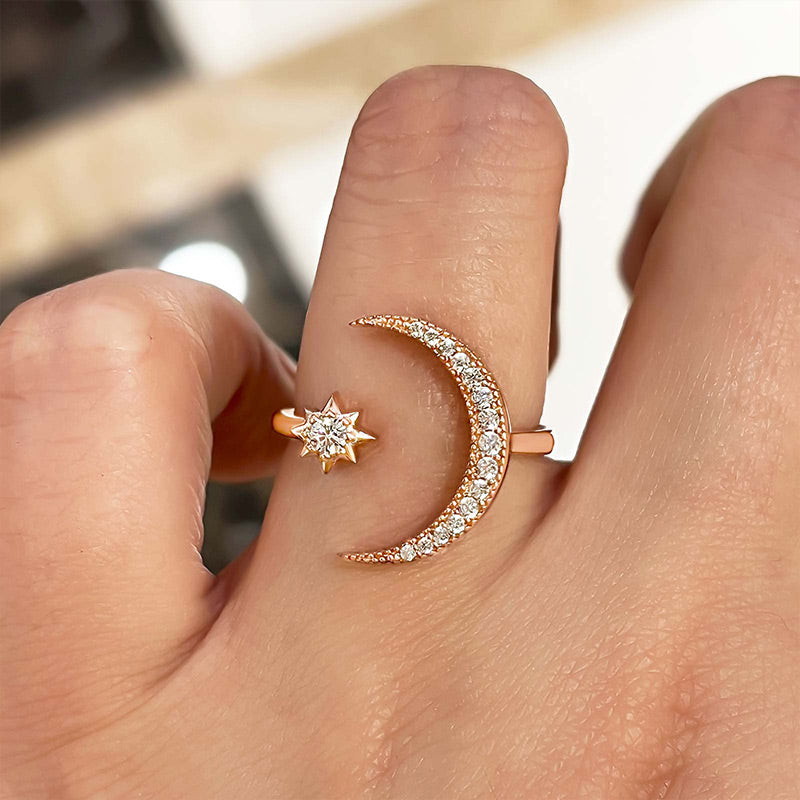 Crescent Moon &amp; Star Adjustable Open Ring