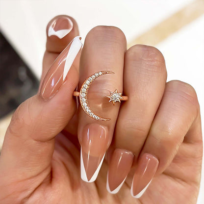 Crescent Moon &amp; Star Adjustable Open Ring