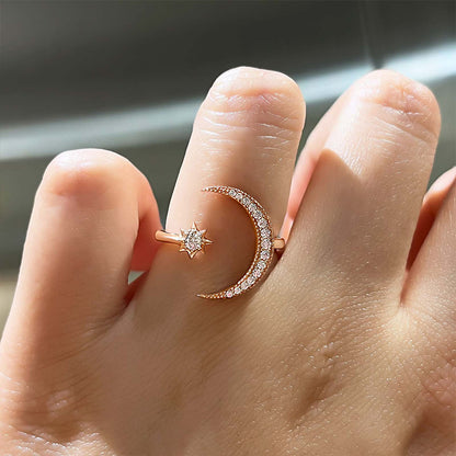 Crescent Moon &amp; Star Adjustable Open Ring