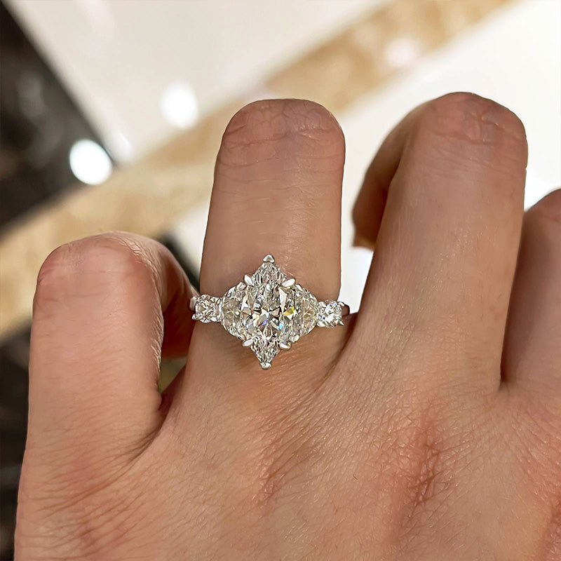 Stunning Marquise Cut Three Stone Engagement Ring In Sterling Silver-Maxinejewelry