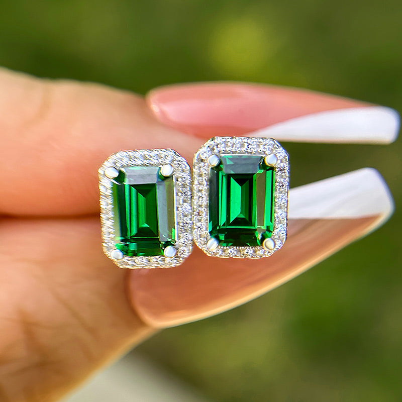 3.0 Carat Halo Emerald Women's Stud Earrings In Sterling Silver