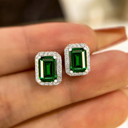 3.0 Carat Halo Emerald Women's Stud Earrings In Sterling Silver