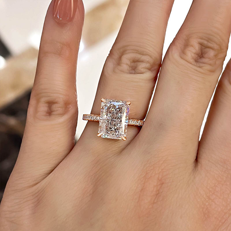 Elegant Rose Gold Radiant Cut Engagement Ring In Sterling Silver-Maxinejewelry