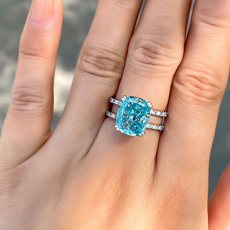 Unique Design Cushion Cut Light Aquamarine Blue Engagement Ring In Sterling Silver-Maxinejewelry