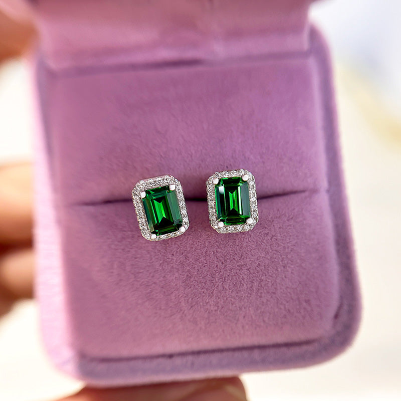 3.0 Carat Halo Emerald Women's Stud Earrings In Sterling Silver