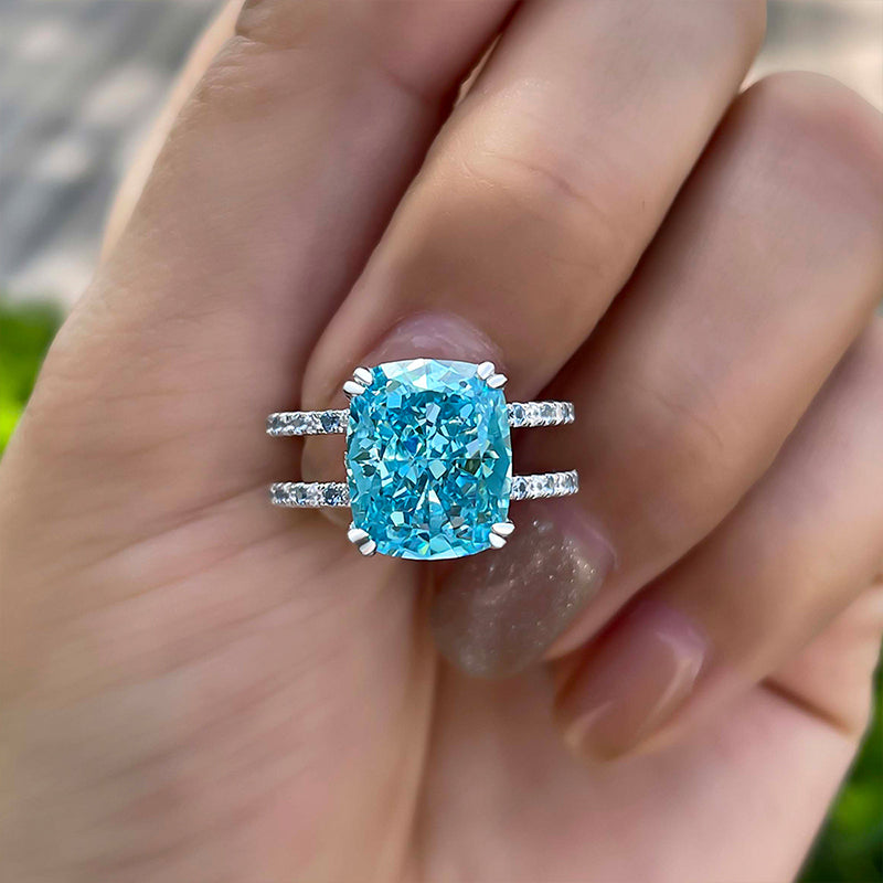 Unique Design Cushion Cut Light Aquamarine Blue Engagement Ring In Sterling Silver-Maxinejewelry