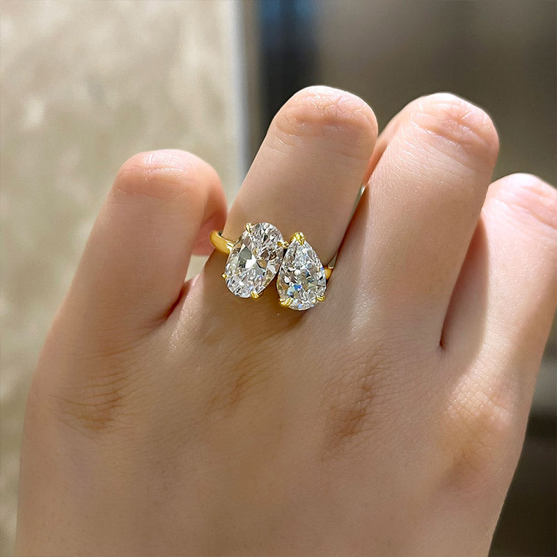 Yellow Gold Double Stones Design Pear &amp; Oval Cut Engagement Ring-Maxinejewelry