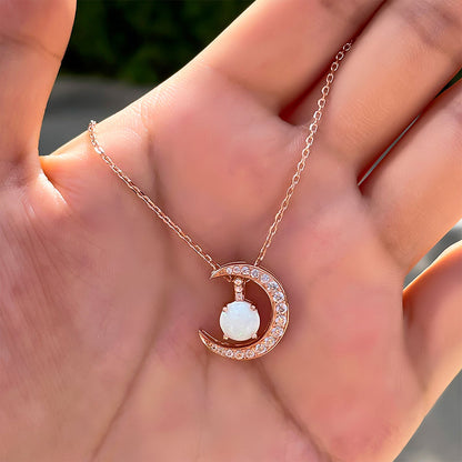 Rose Gold Moon Design Round Cut Opal Pendant Necklace In Sterling Silver