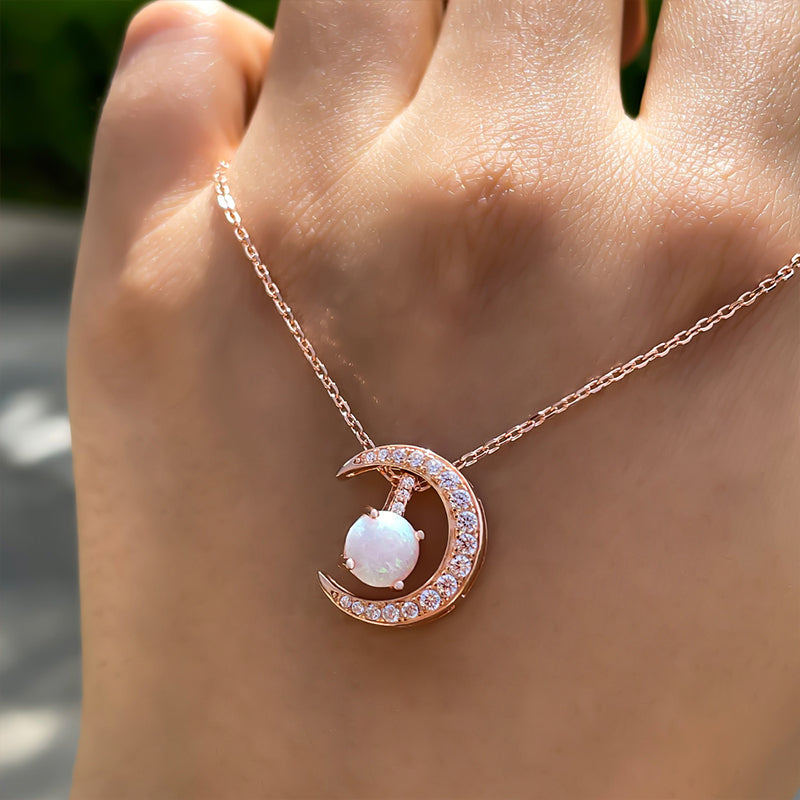 Rose Gold Moon Design Round Cut Opal Pendant Necklace In Sterling Silver-Maxinejewelry