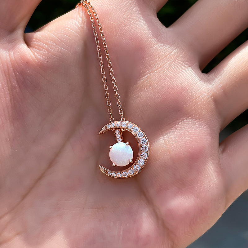 Rose Gold Moon Design Round Cut Opal Pendant Necklace In Sterling Silver