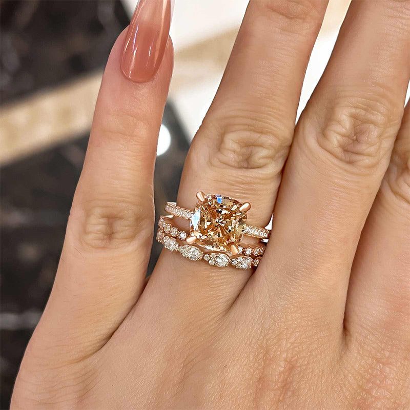 5 Carat Cushion Cut Champagne Stone 3PC Wedding Ring Set In Rose Gold-Maxinejewelry