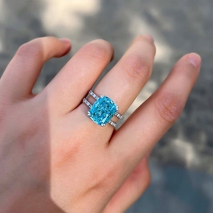 Unique Design Cushion Cut Light Aquamarine Blue Engagement Ring In Sterling Silver-Maxinejewelry