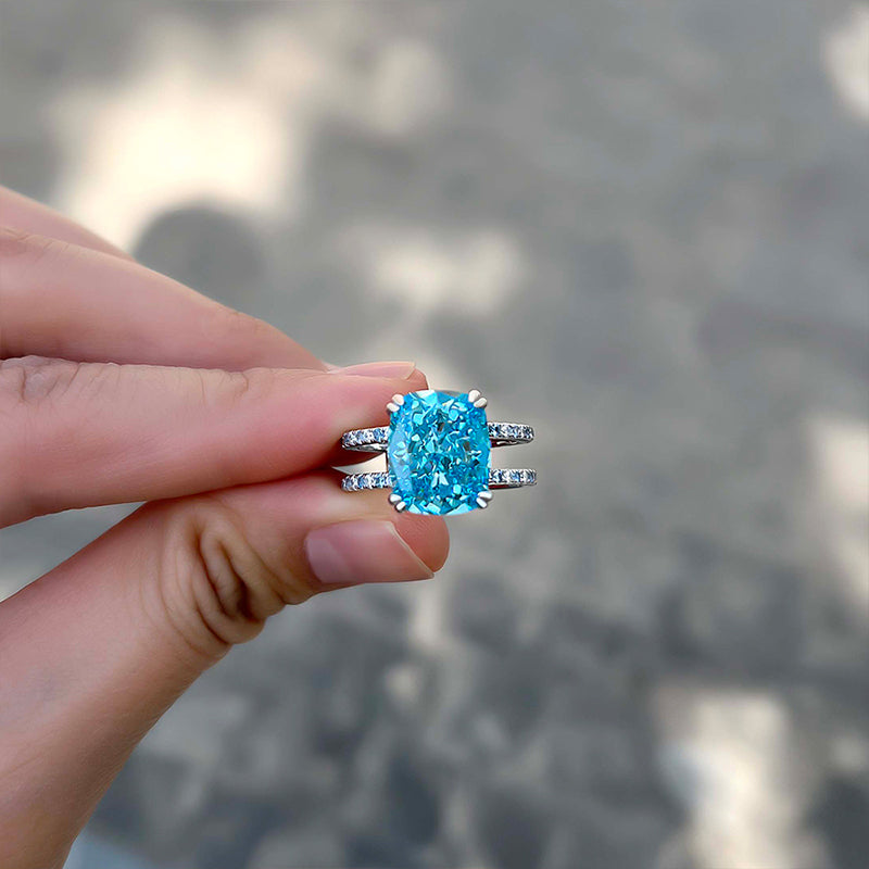 Unique Design Cushion Cut Light Aquamarine Blue Engagement Ring In Sterling Silver-Maxinejewelry