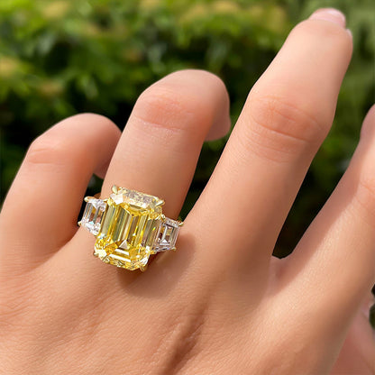 Luxurious Emerald Cut Three Stone Yellow Sapphire Engagement Ring In Sterling Silver-Maxinejewelry