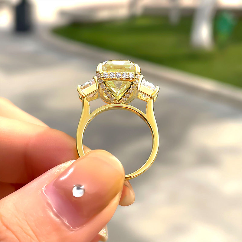 Luxurious Emerald Cut Three Stone Yellow Sapphire Engagement Ring In Sterling Silver-Maxinejewelry