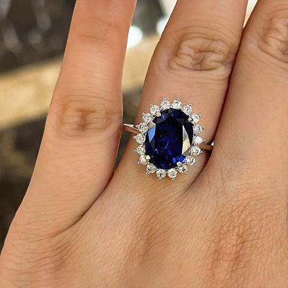 Luxurious Halo Oval Cut Blue Sapphire Engagement Ring In Sterling Silver-Maxinejewelry