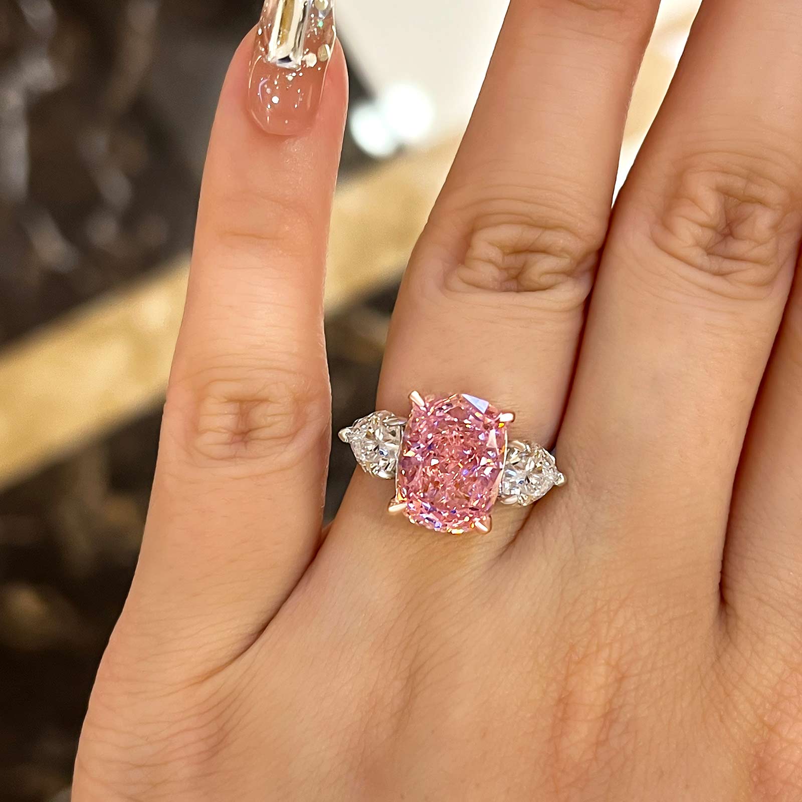 Elegant Cushion Cut Three Stone Pink Sapphire Engagement Ring In Sterling Silver-Maxinejewelry