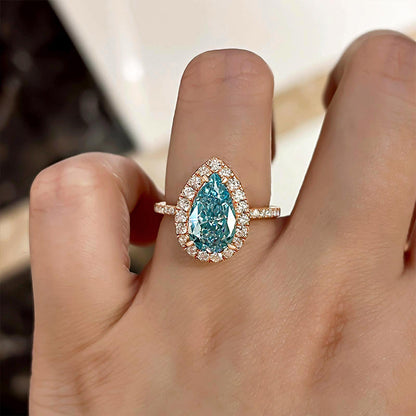 Exquisite Rose Gold Halo Pear Cut Cyan Blue Engagement Ring-Maxinejewelry