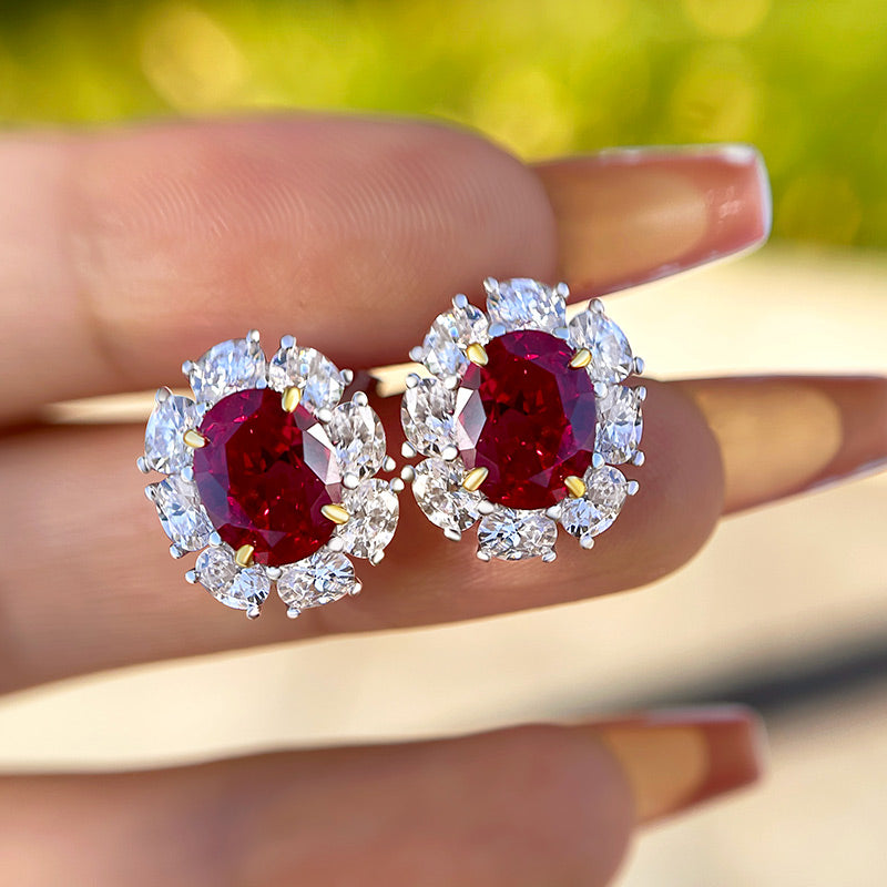 Luxuriant Halo 1.8 Carat Ruby Oval Cut Women's Drop Earrings In Sterling Silver