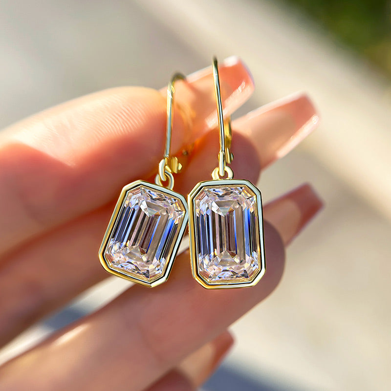 Special Yellow Gold Bezel Emerald Cut Women's Earrings In Sterling Silver