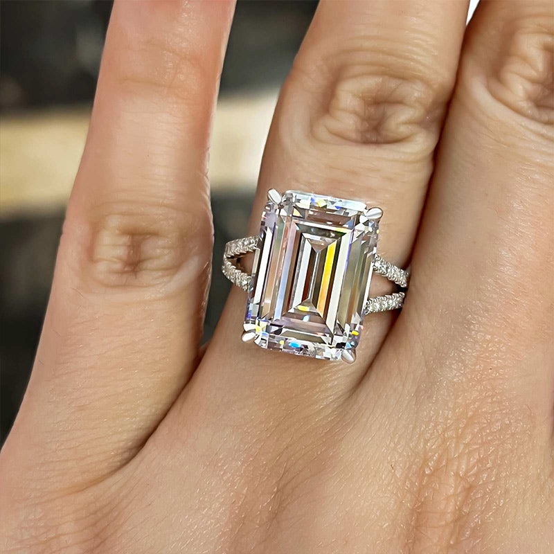 Luxurious Split Shank Emerald Cut Engagement Ring In Sterling Silver-Maxinejewelry