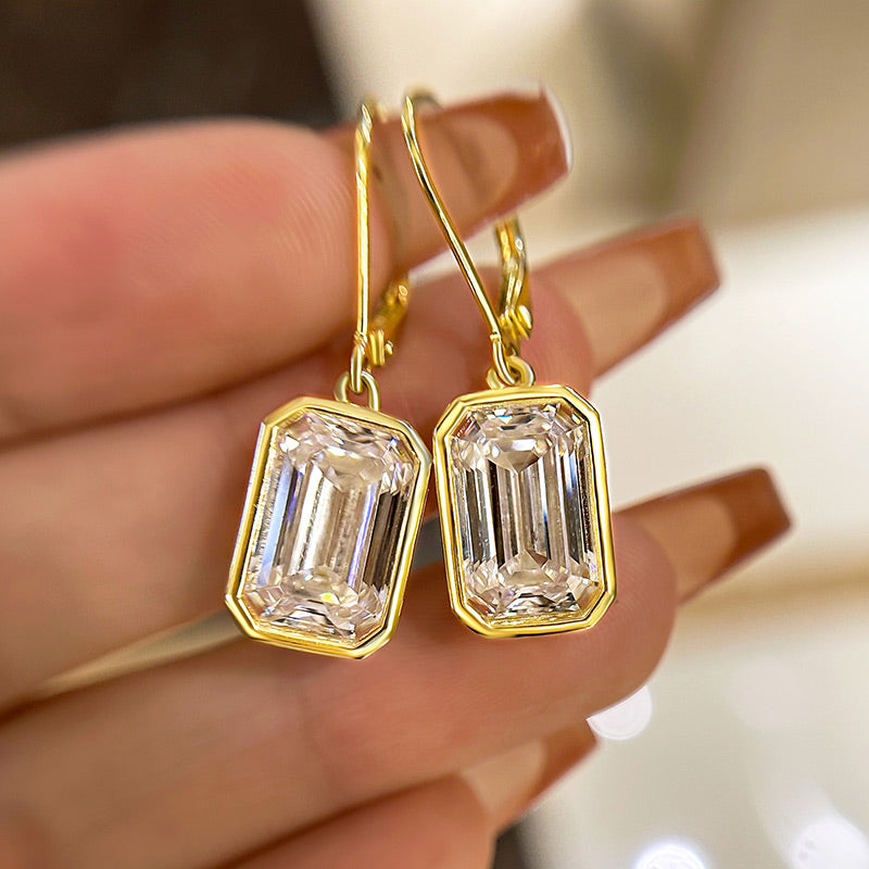 Special Yellow Gold Bezel Emerald Cut Women's Earrings In Sterling Silver