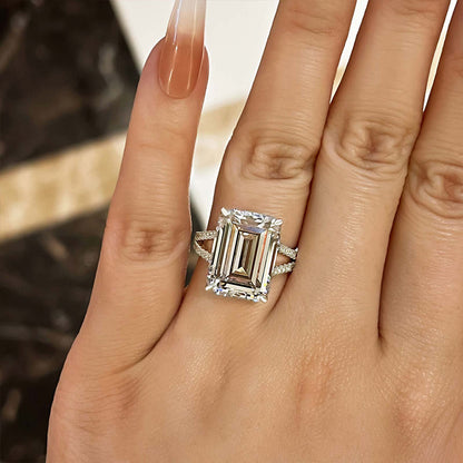 Luxurious Split Shank Emerald Cut Engagement Ring In Sterling Silver