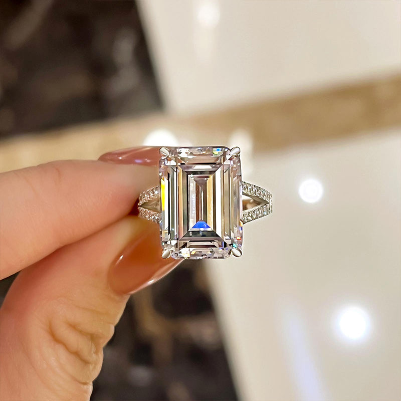 Luxurious Split Shank Emerald Cut Engagement Ring In Sterling Silver