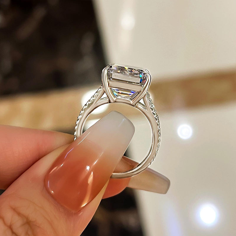 Luxurious Split Shank Emerald Cut Engagement Ring In Sterling Silver