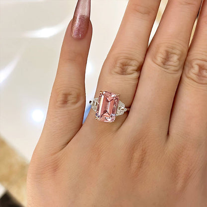 Gorgeous Emerald Cut Morganite Pink Three Stone Engagement Ring In Sterling Silver-Maxinejewelry