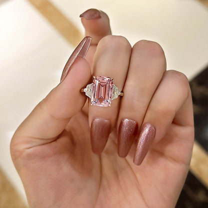 Gorgeous Emerald Cut Morganite Pink Three Stone Engagement Ring In Sterling Silver-Maxinejewelry