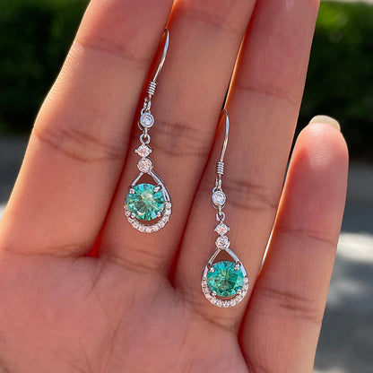 Stunning Round Cut Paraiba Tourmaline Drop Earrings In Sterling Silver