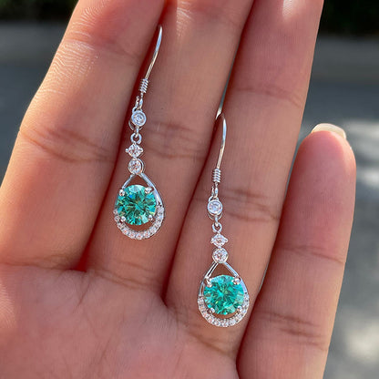 Stunning Round Cut Paraiba Tourmaline Drop Earrings In Sterling Silver