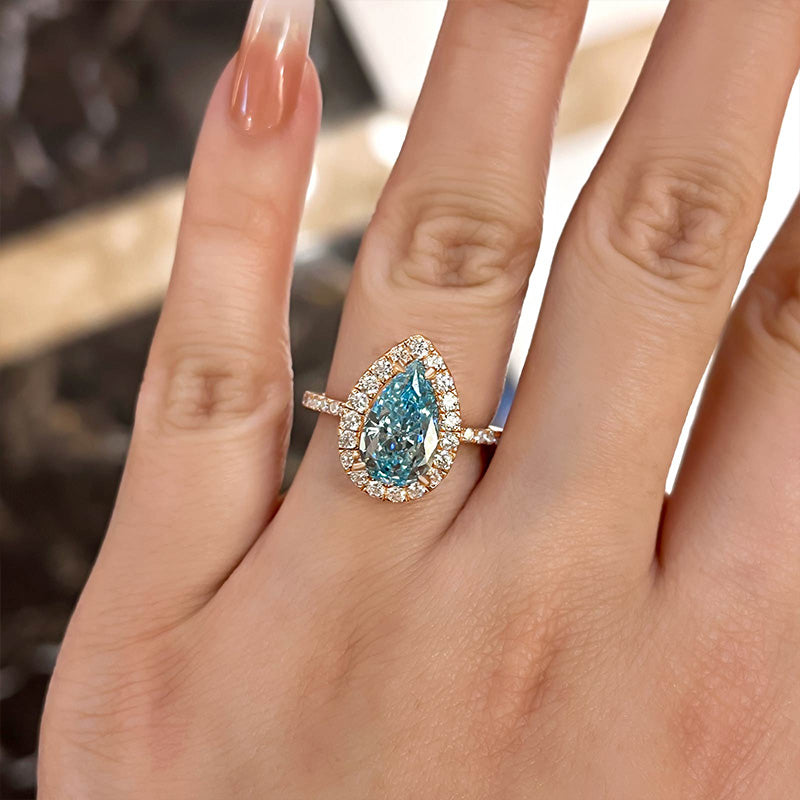 Elegant Rose Gold Halo Pear Cut Cyan Blue Wedding Ring Set In Sterling Silver-Maxinejewelry