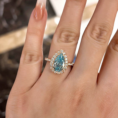 Exquisite Rose Gold Halo Pear Cut Cyan Blue Engagement Ring-Maxinejewelry