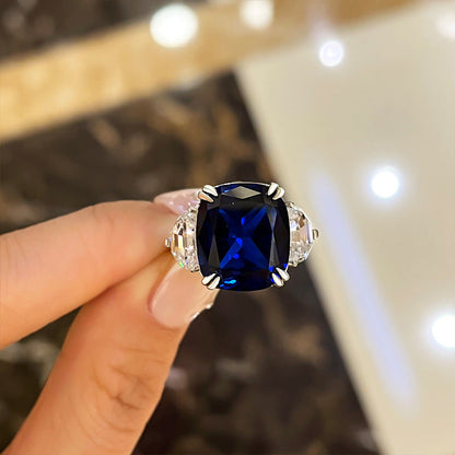 Gorgeous Blue Sapphire Cushion Cut Three Stone Engagement Ring In Sterling Silver-Maxinejewelry