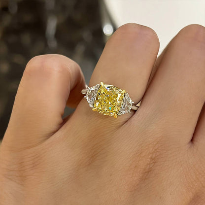 Elegant Cushion Cut Three Stone Yellow Sapphire Engagement Ring In Sterling Silver-Maxinejewelry