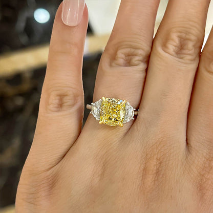 Elegant Cushion Cut Three Stone Yellow Sapphire Engagement Ring In Sterling Silver-Maxinejewelry