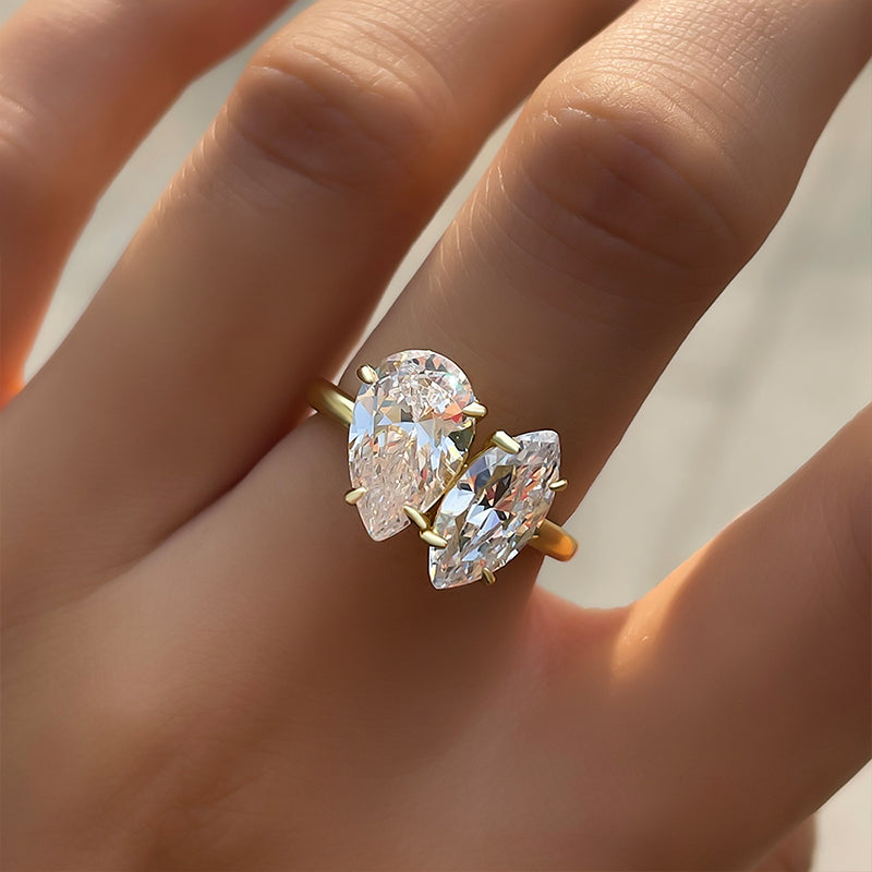 Yellow Gold Double Stones Design Pear &amp; Marquise Cut Engagement Ring-Maxinejewelry