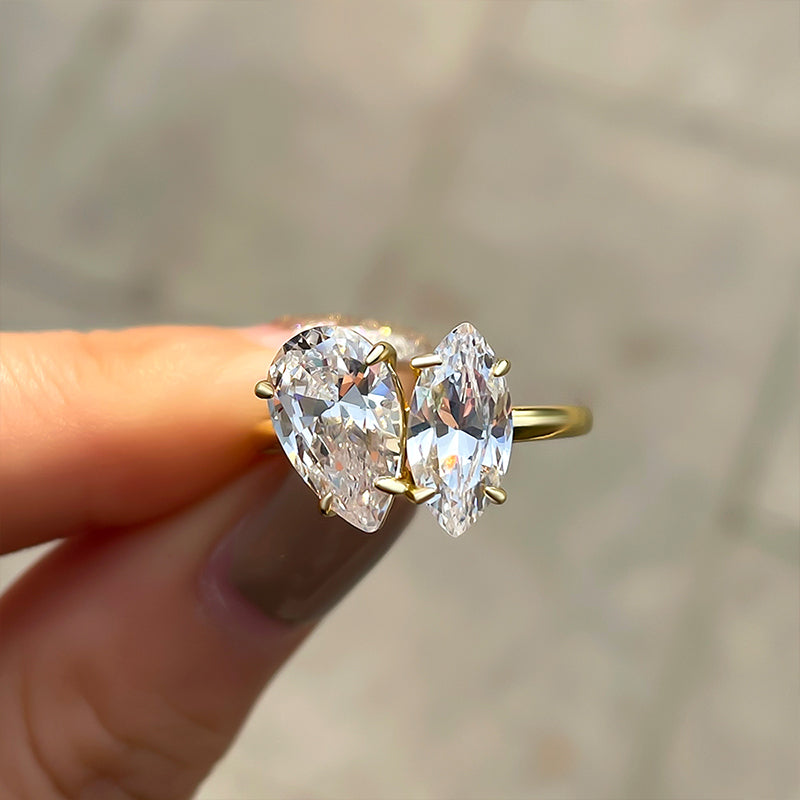 Yellow Gold Double Stones Design Pear &amp; Marquise Cut Engagement Ring-Maxinejewelry