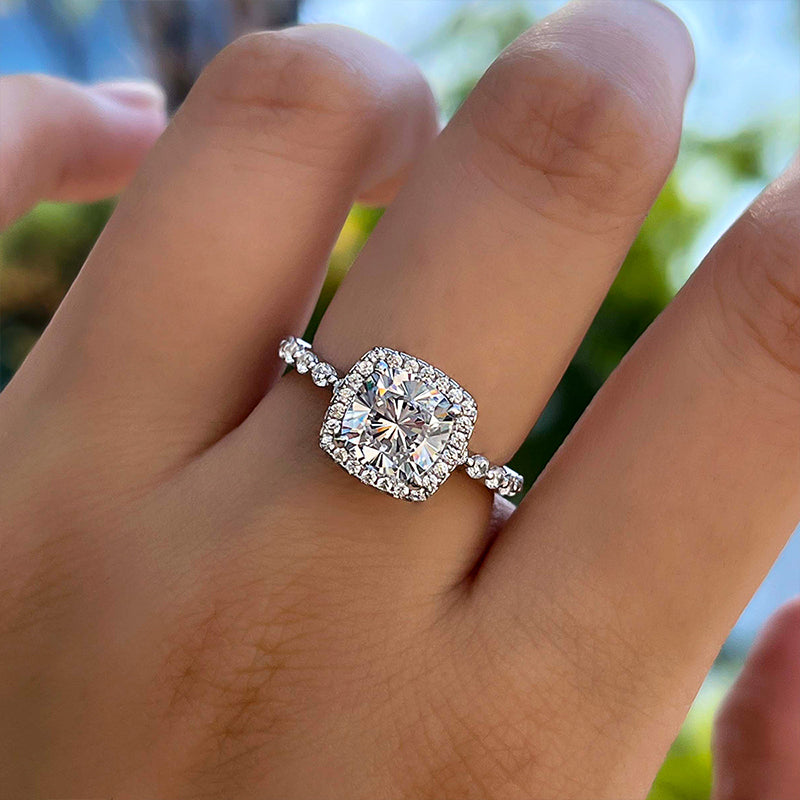 Stunning Halo Cushion Cut Engagement Ring In Sterling Silver-Maxinejewelry