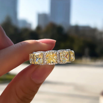 Luxurious Halo Cushion Cut Yellow Sapphire Wedding Band for Her In Sterling Silver-Maxinejewelry