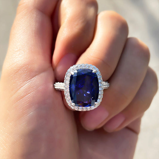 Gorgeous Halo Cushion Cut Blue Sapphire Engagement Ring In Sterling Silver-Maxinejewelry