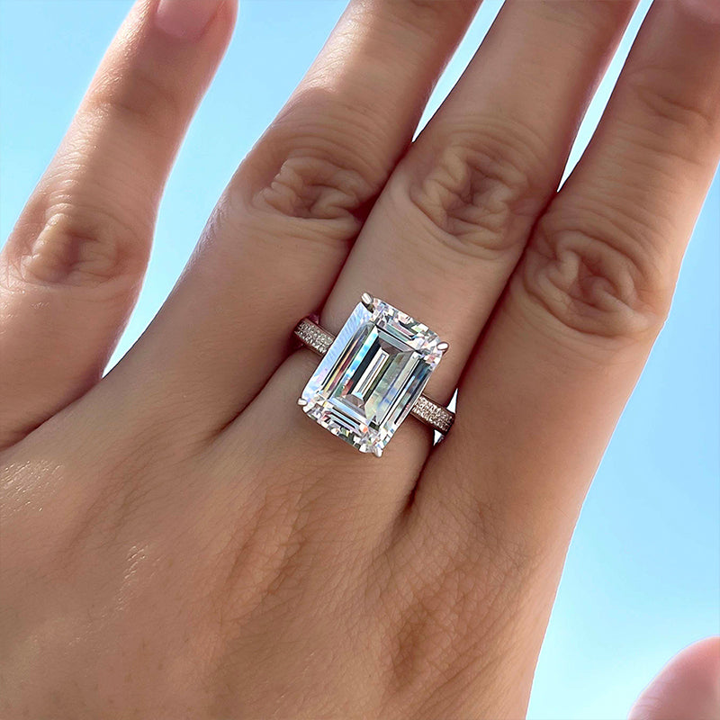 Luxurious Elongated Emerald Cut Engagement Ring In Sterling Silver-Maxinejewelry