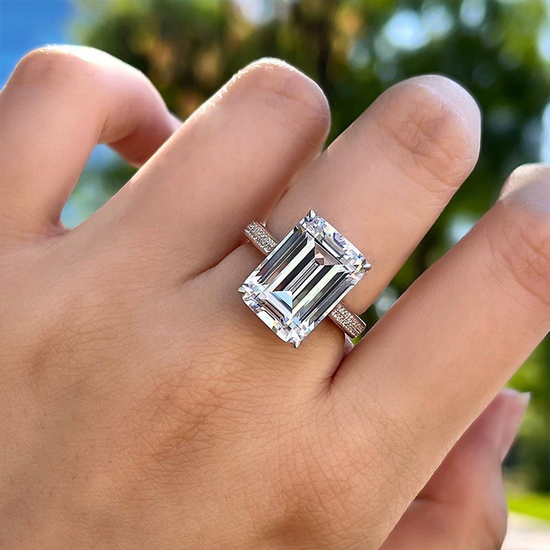 Luxurious Elongated Emerald Cut Engagement Ring In Sterling Silver-Maxinejewelry