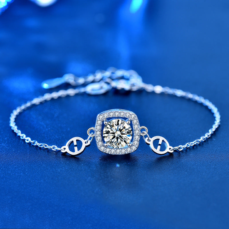 Fashion Design Halo Round Cut Moissanite Bracelet In Sterling Silver-Maxinejewelry