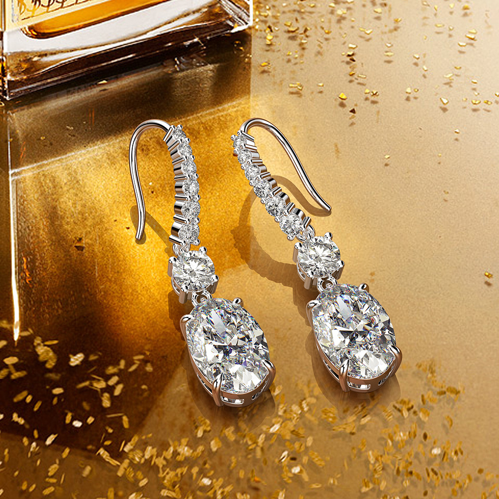 Luxury Oval Cut Sona Simulated Diamond Drop Earrings for Women In Sterling Silver